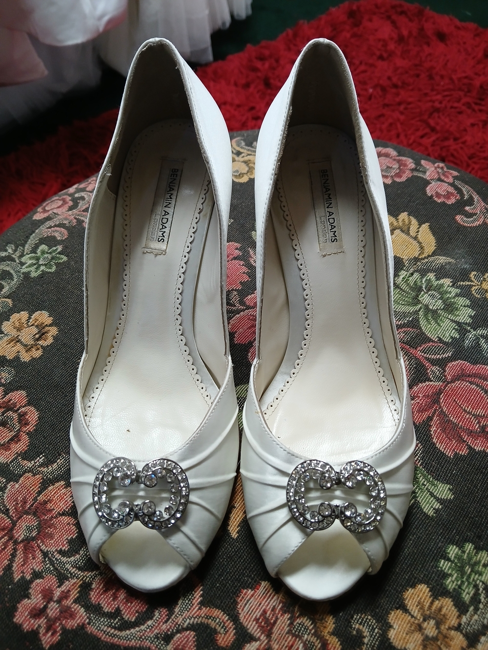 Benjamin Adams White Satin Peep-Toe Heels with Crystal Buckle